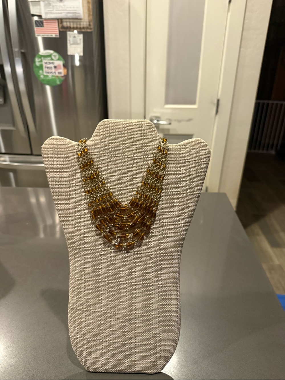 Layered Amber Glass Bead Necklace - Gold Tone